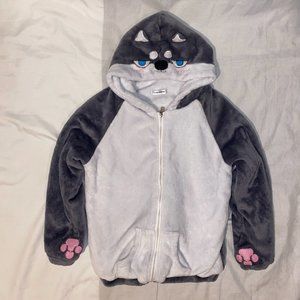Coriresha Gray & White Shiba Inu Dog Hoodie Sweatshirt Anime Womens Small